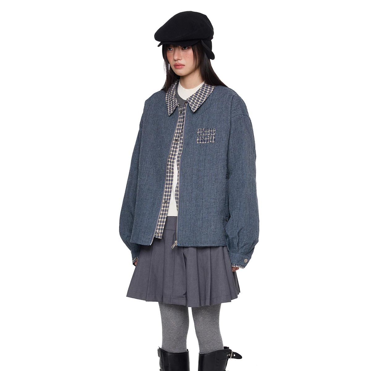 刺繡格子拼接翻領竹節布夾克外套女秋新款休閒寬鬆百搭上衣