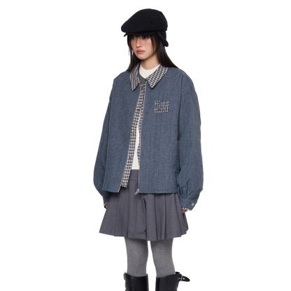 刺繡格子拼接翻領竹節布夾克外套女秋新款休閒寬鬆百搭上衣