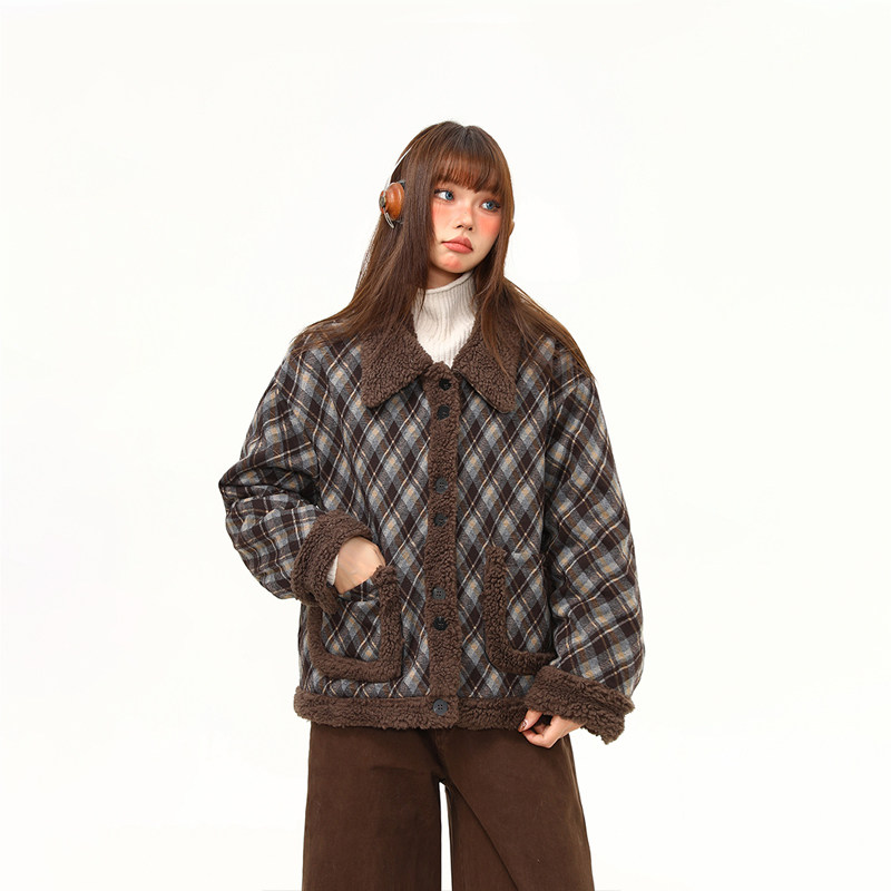 羊羔絨拼接格紋高級感外套女冬季新款復古短款翻領棉服