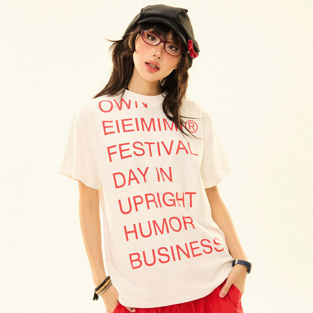 美式設計感標語印花cleanfit短袖t恤女夏純棉正肩上衣