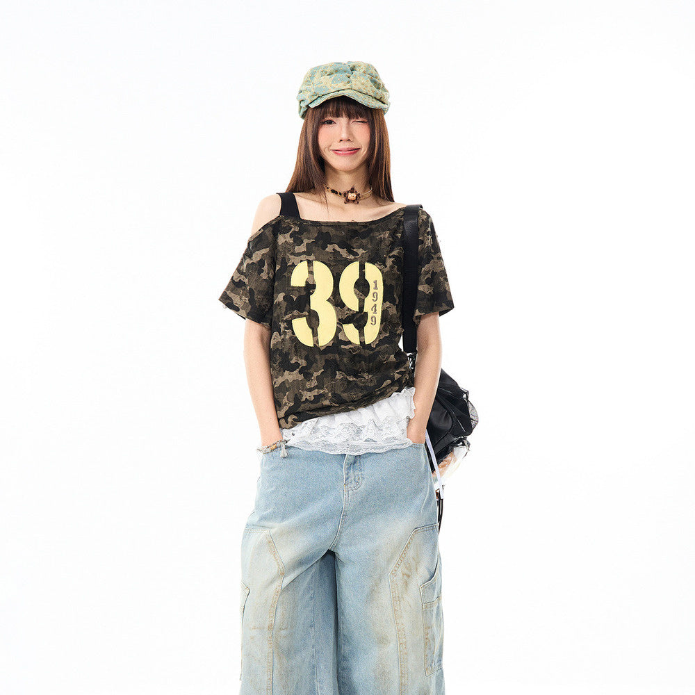 美式辣妹迷彩斜肩短袖T恤女夏季設計感修身顯瘦短款上衣