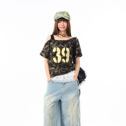美式辣妹迷彩斜肩短袖T恤女夏季設計感修身顯瘦短款上衣