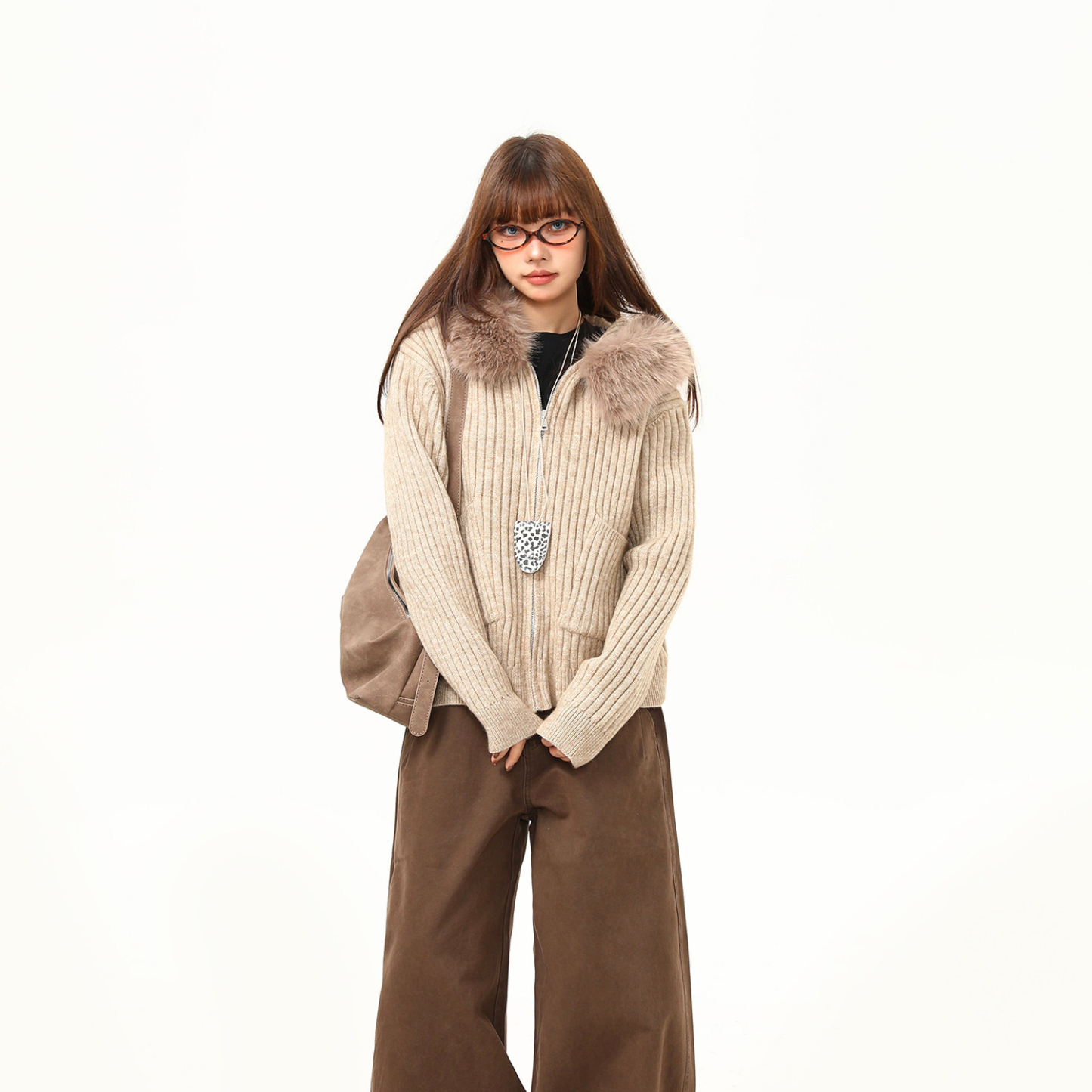 韓系可拆卸毛領連帽毛衣女秋冬氣質顯瘦針織開衫外套上衣