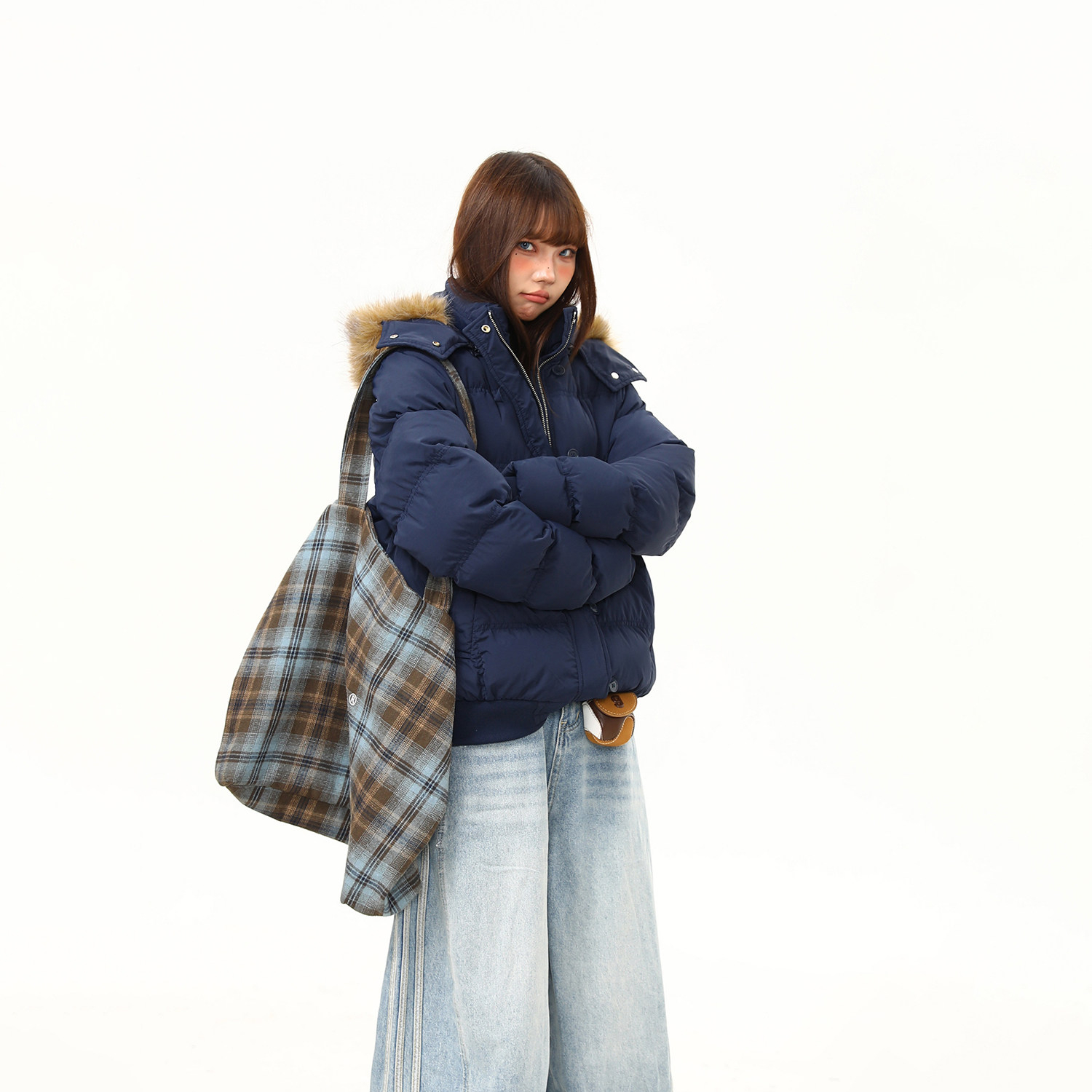 菲奧娜短款藏青色棉服外套女冬季新款加厚保暖棉衣棉襖