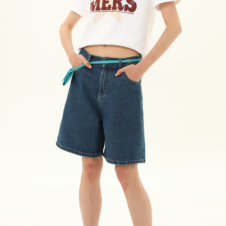 復古後口袋字母刺繡牛仔短褲女夏季中腰休閒闊腿五分褲