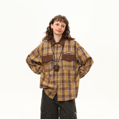 早秋新款美式復古長袖格子襯衫女拼接設計感潮流外穿襯衣