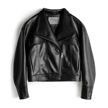 美式荔枝紋黑色短款斜拉鍊立翻領機車服PU皮衣夾克外套女士秋