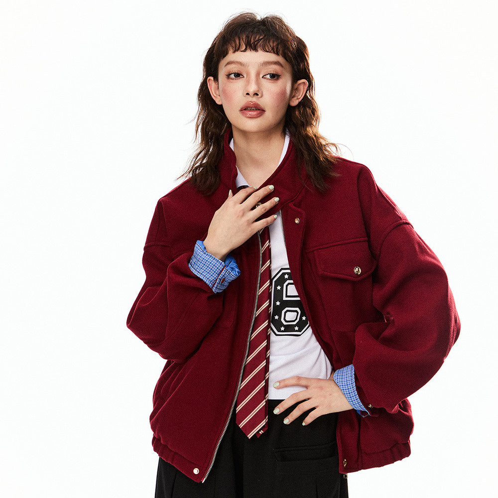 美式巴恩風紅色毛呢外套女開春新款高級感妮子工裝夾克上衣
