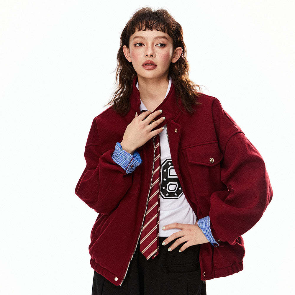 美式巴恩風紅色毛呢外套女開春新款高級感妮子工裝夾克上衣