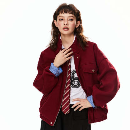 美式巴恩風紅色毛呢外套女開春新款高級感妮子工裝夾克上衣