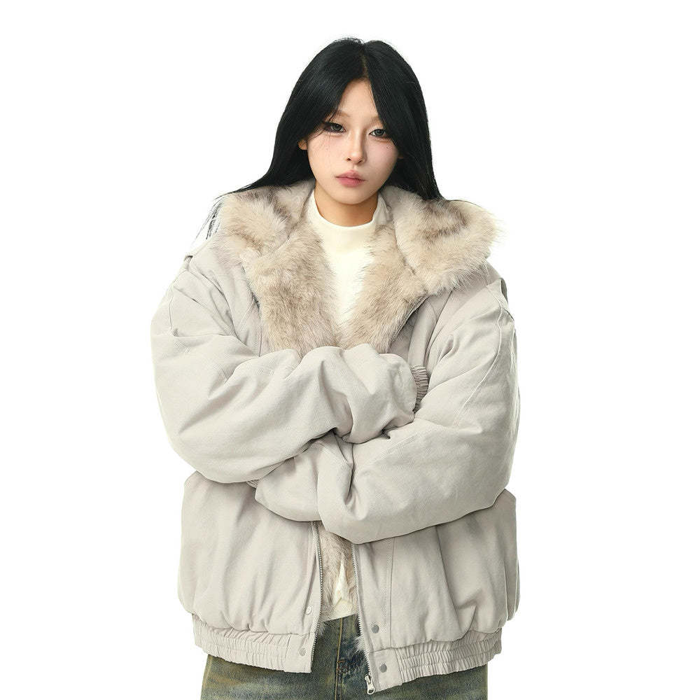 美式復古座山雕毛領外套女冬季加絨加厚保暖潮牌棉服