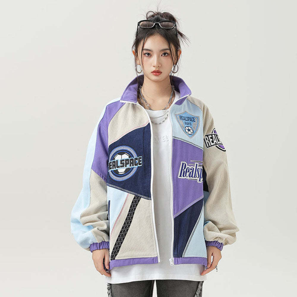 美式復古國潮刺繡拼接立領夾克女運動設計感機車風外套