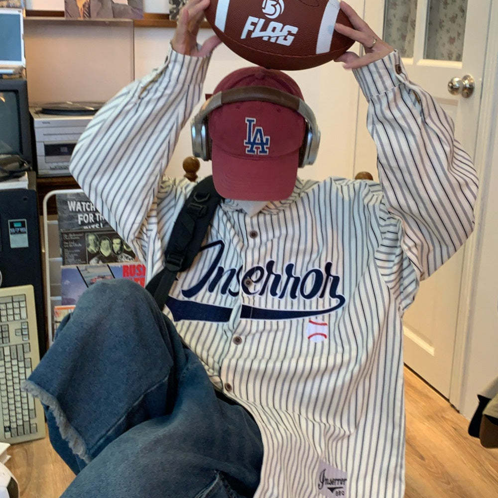 美式復古豎條紋長袖襯衫潮寬鬆慵懶風潮牌街頭情侶襯衣