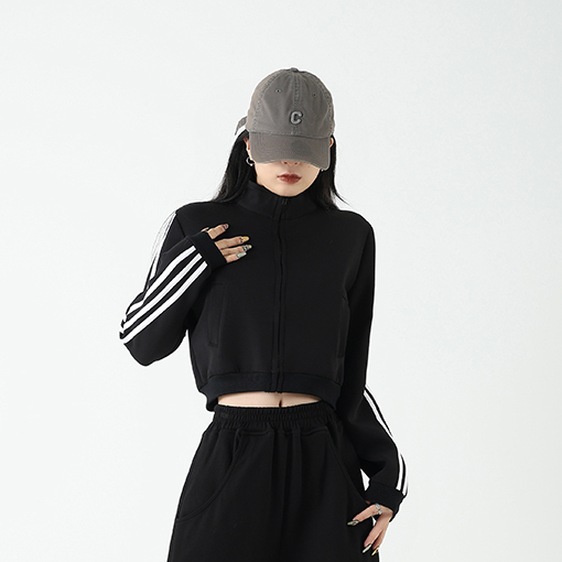 三條杠立領長袖短款外套女春秋美式街頭休閒運動上衣薄款衛衣開衫