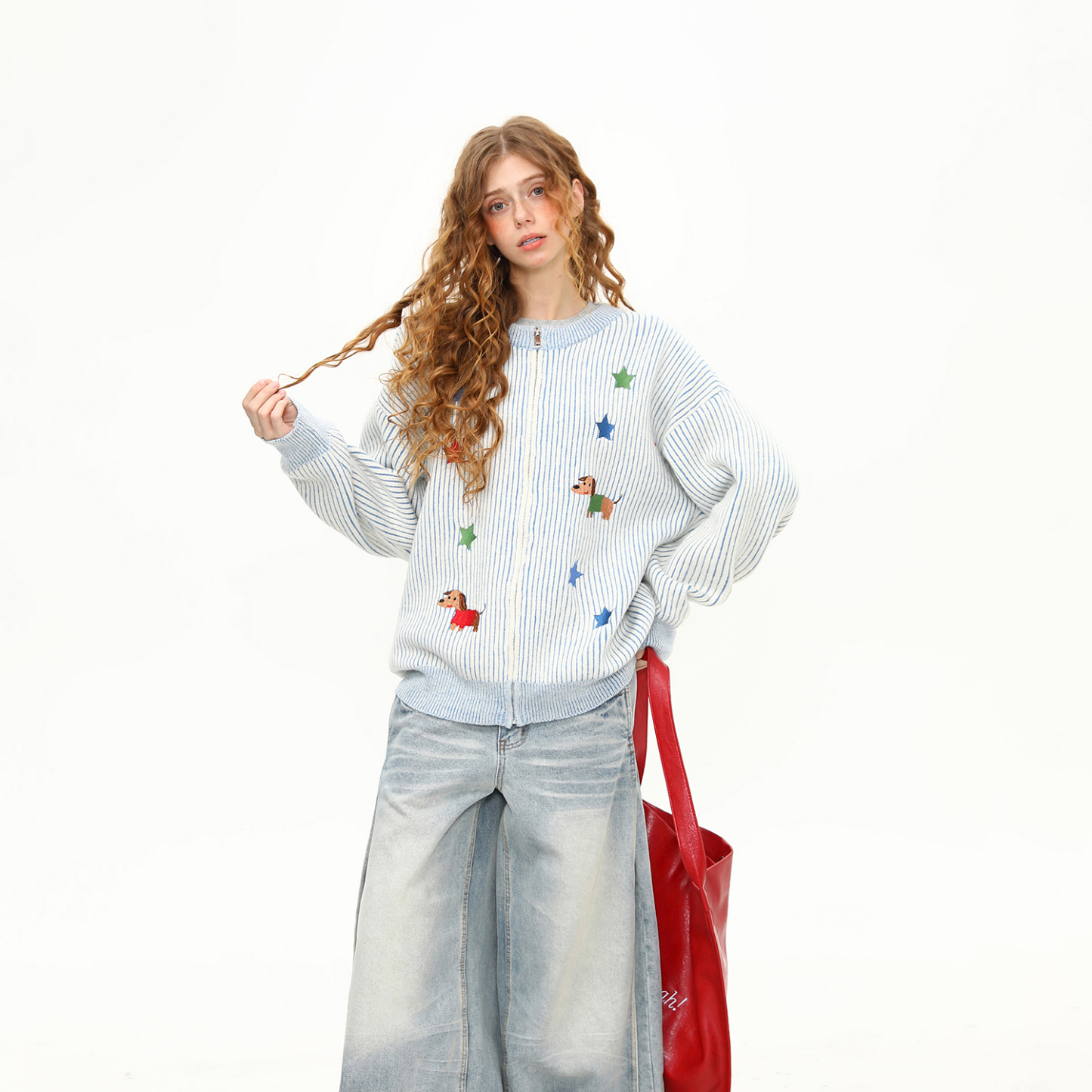 美式復古小狗刺繡條紋針織衫毛衣女秋冬慵懶寬鬆開衫外套