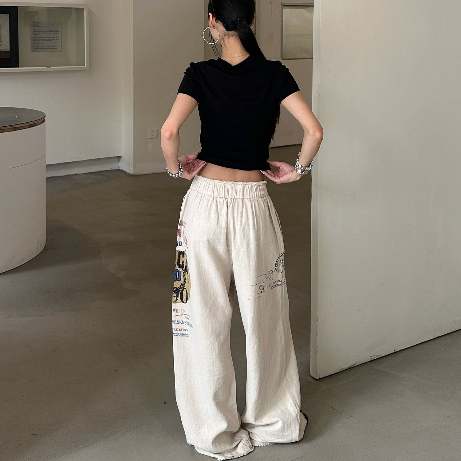 亞麻混紡休閒褲女夏季潮流美式印花寬鬆闊腿褲高級感褲子