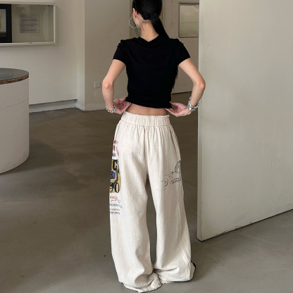 亞麻混紡休閒褲女夏季潮流美式印花寬鬆闊腿褲高級感褲子