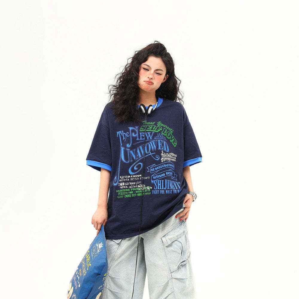 圓領撞色設計感美式復古字母短袖T恤女夏季潮牌上衣