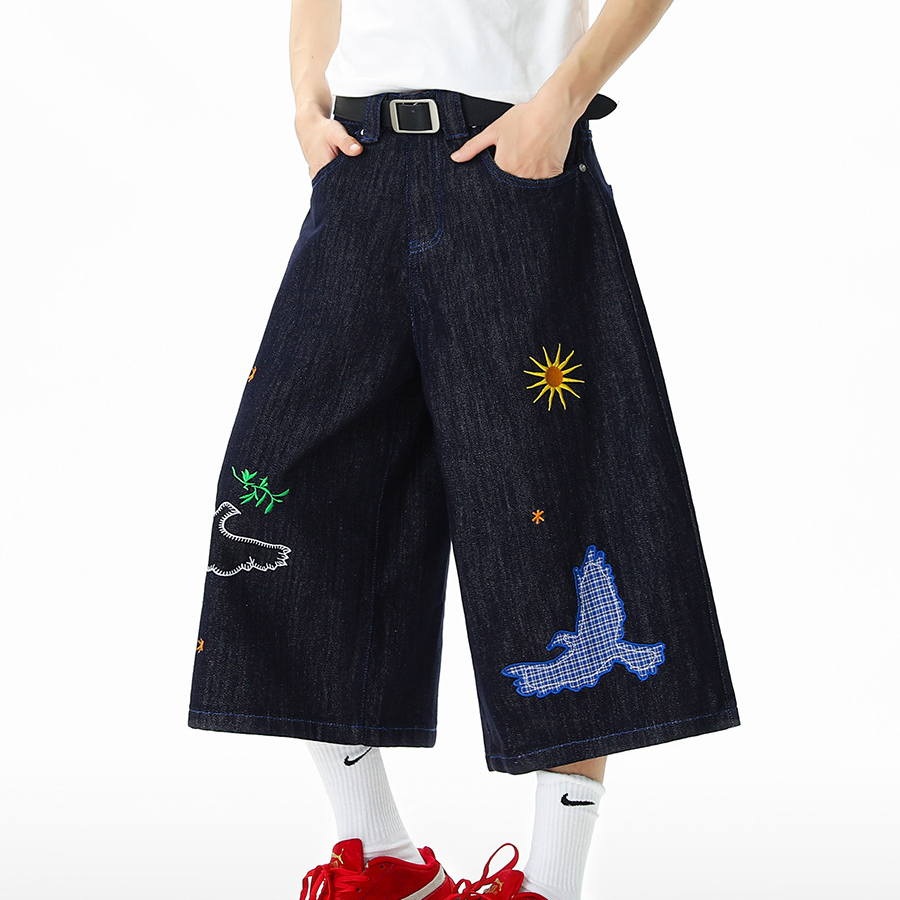 美式趣味刺繡貼布七分褲女2026夏季街頭潮牌寬鬆水洗丹寧牛仔短褲