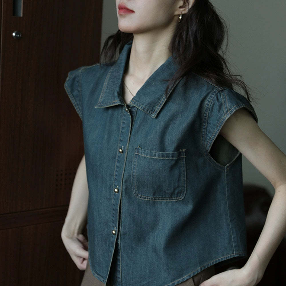 牛仔深藍色百搭簡約氣質復古設計感無袖襯衫女夏季新款時尚上衣