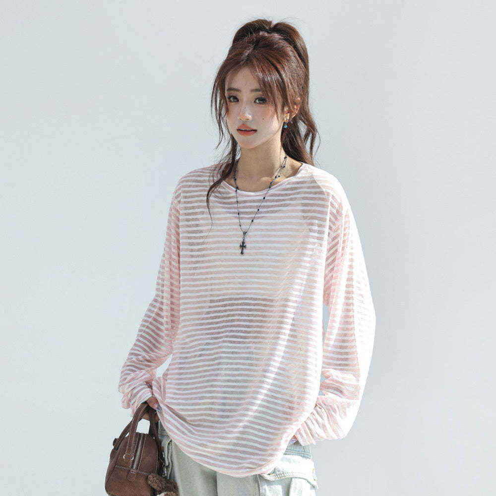 條紋長袖t恤女夏2025新款chic韓系上衣薄款防曬罩衫