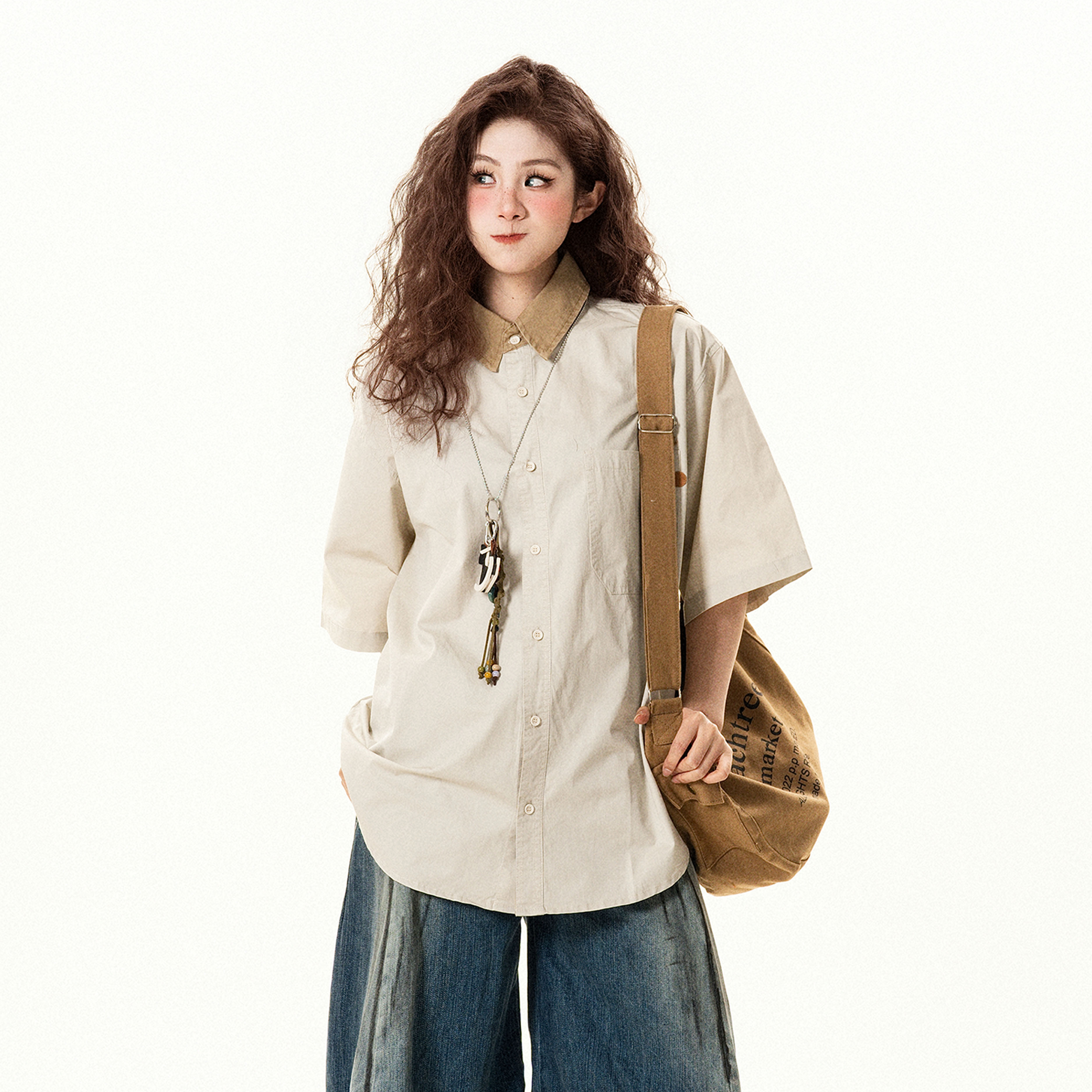 美式復古寬鬆撞色翻領短袖襯衫女夏季設計感休閒百搭襯衣