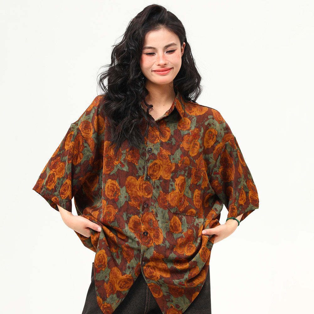 古著感花卉復古短袖襯衫女夏季凉感個性潮牌寬鬆襯衣