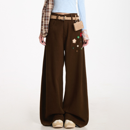 花朵紐扣直筒工裝褲女復古潮牌設計感闊腿垂感顯瘦休閒褲