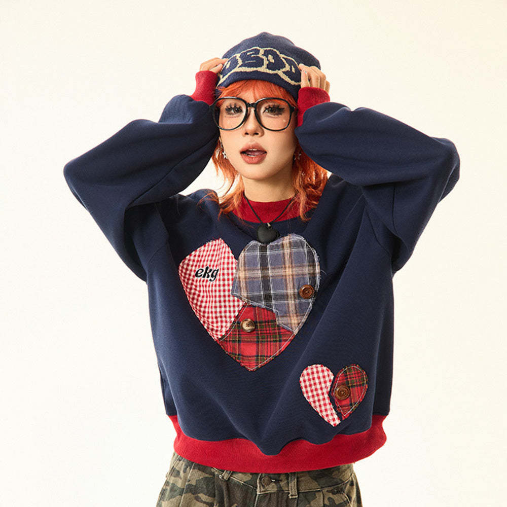 美式復古格子愛心貼布圓領衛衣女秋冬設計感寬鬆休閒上衣