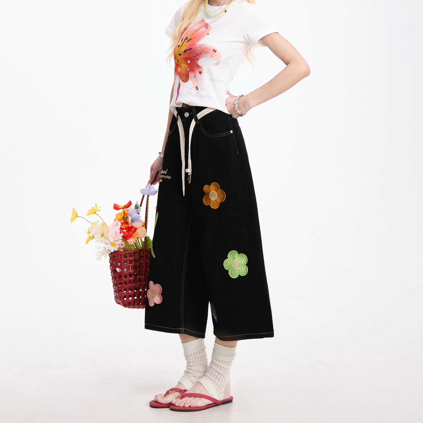 花朵刺繡藍色牛仔七分褲女美式復古慵懶小眾直筒夏季短褲