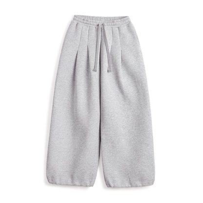 淺灰色闊腿直筒休閒長衛褲鬆緊腰抽繩束脚垂墜感糯米褲子女冬