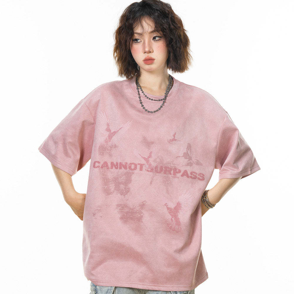 美式復古麂皮絨蝴蝶短袖t恤女夏季2025新款設計感寬鬆半袖上衣