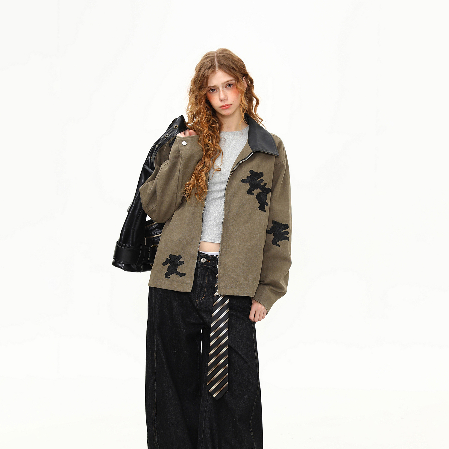 美式復古小熊刺繡翻領夾克女小眾設計感寬鬆百搭外套