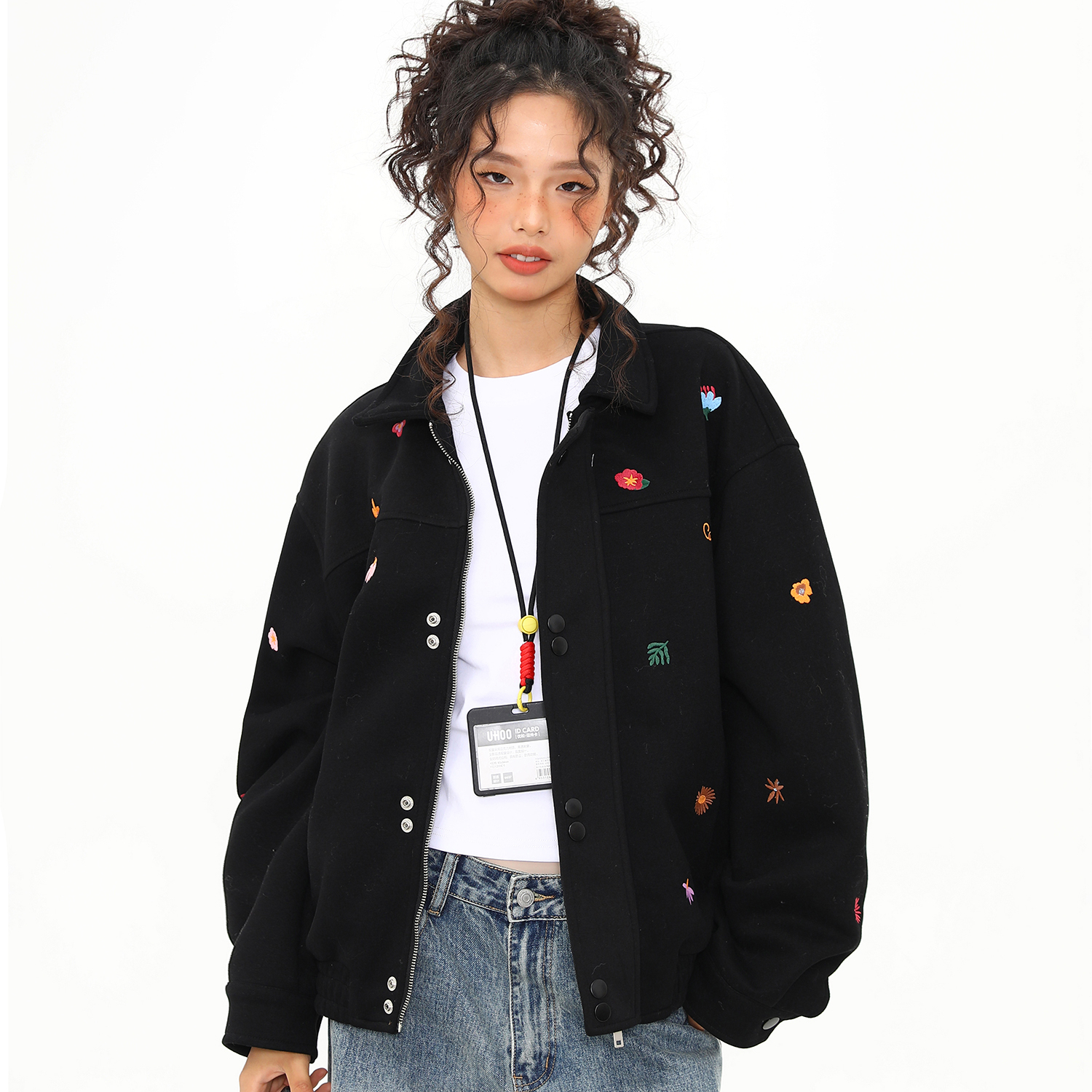 秋冬新款美式復古刺繡小標夾克外套女百搭翻領上衣