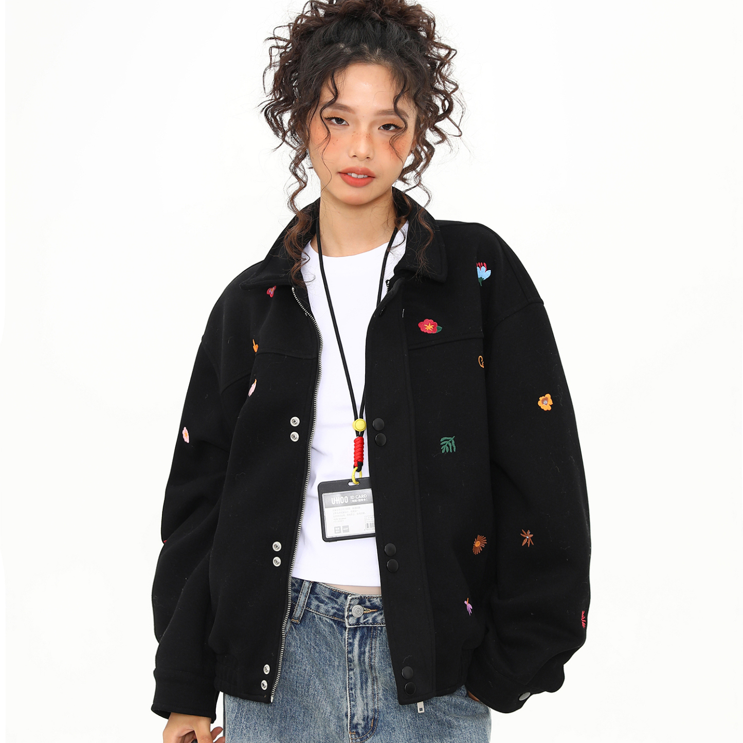 秋冬新款美式復古刺繡小標夾克外套女百搭翻領上衣