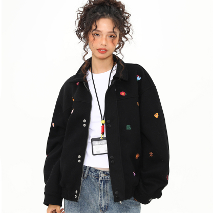 秋冬新款美式復古刺繡小標夾克外套女百搭翻領上衣