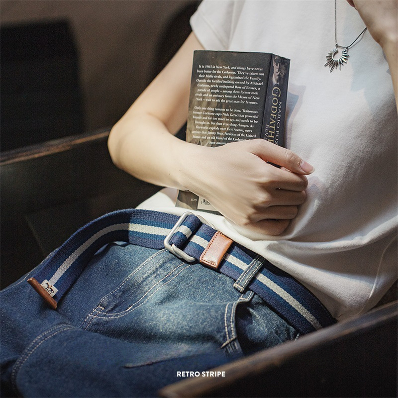 馬登女裝 藍白拼色雙環扣編織腰帶學院風免打孔帆布鬆緊皮帶四季配飾女