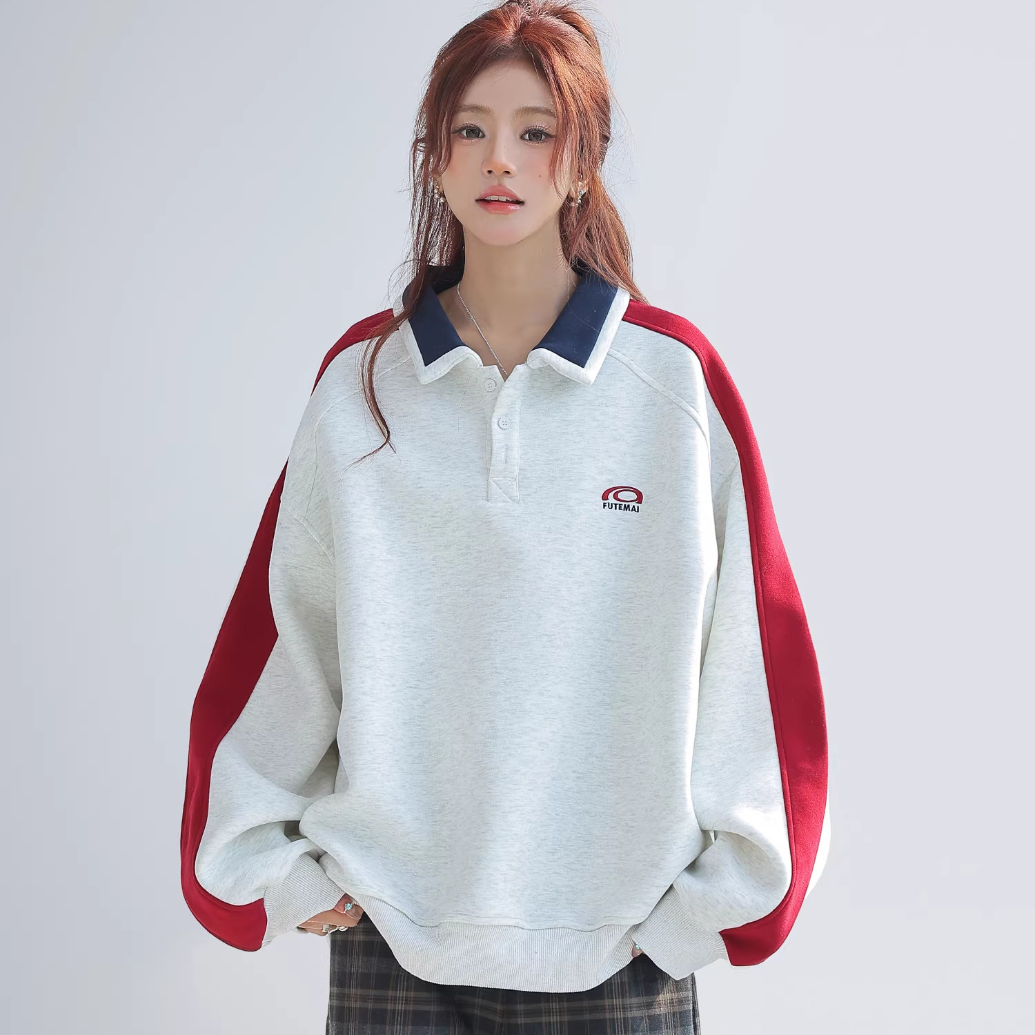 美式慵懶chic拼接翻領衛衣女款新款寬鬆上衣