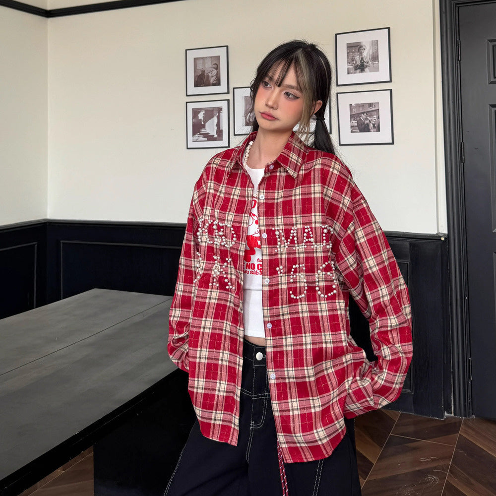 美式復古珍珠字母格紋襯衫長袖春夏休閒女同款外套襯衣