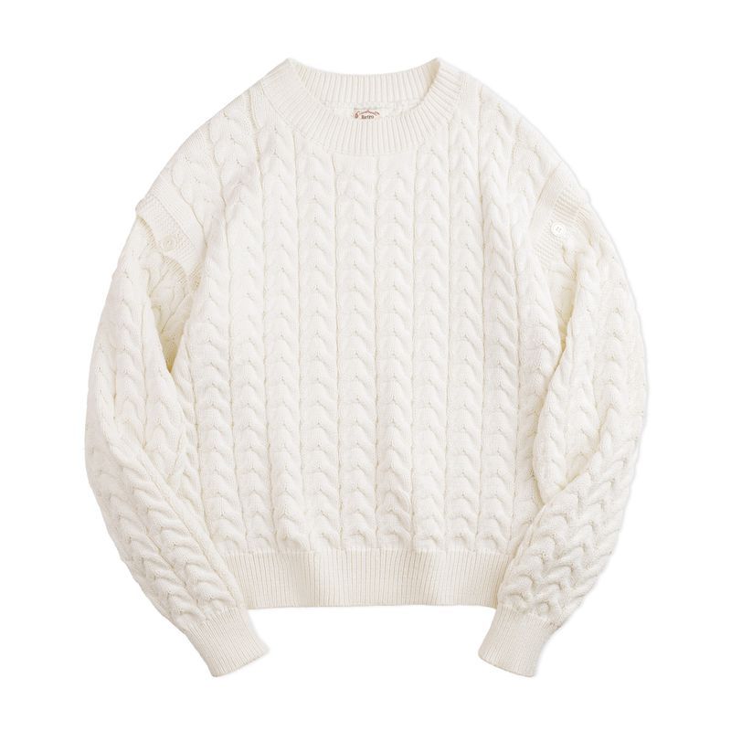 馬登女裝 可拆卸絞花毛衣復古忌廉白慵懶麻花毛衣圓領針織衫背心冬季女