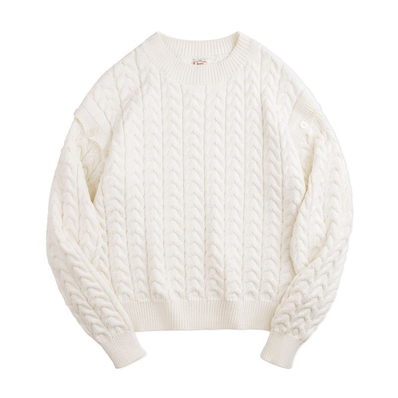 馬登女裝 可拆卸絞花毛衣復古忌廉白慵懶麻花毛衣圓領針織衫背心冬季女