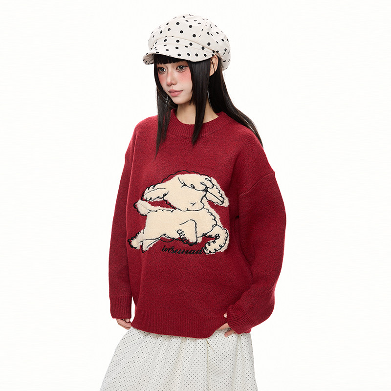 卡通可愛小羊刺繡紅色針織衫女寬鬆百搭套頭毛衣外套