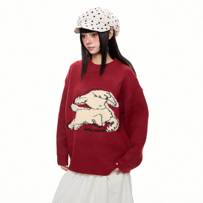 卡通可愛小羊刺繡紅色針織衫女寬鬆百搭套頭毛衣外套