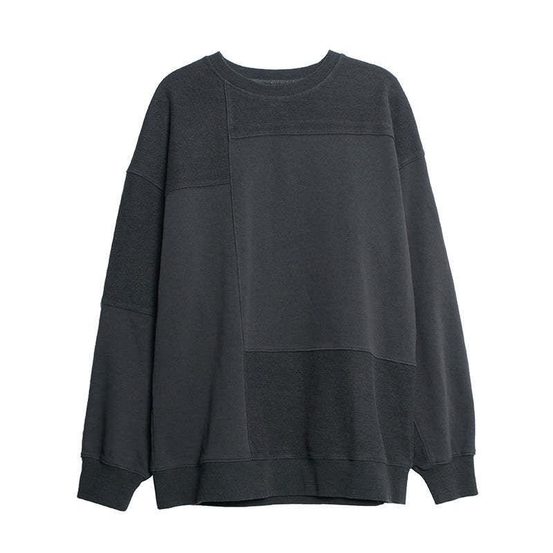 早秋小個子街頭毛圈拼接寬鬆衛衣女套頭圓領休閒上衣
