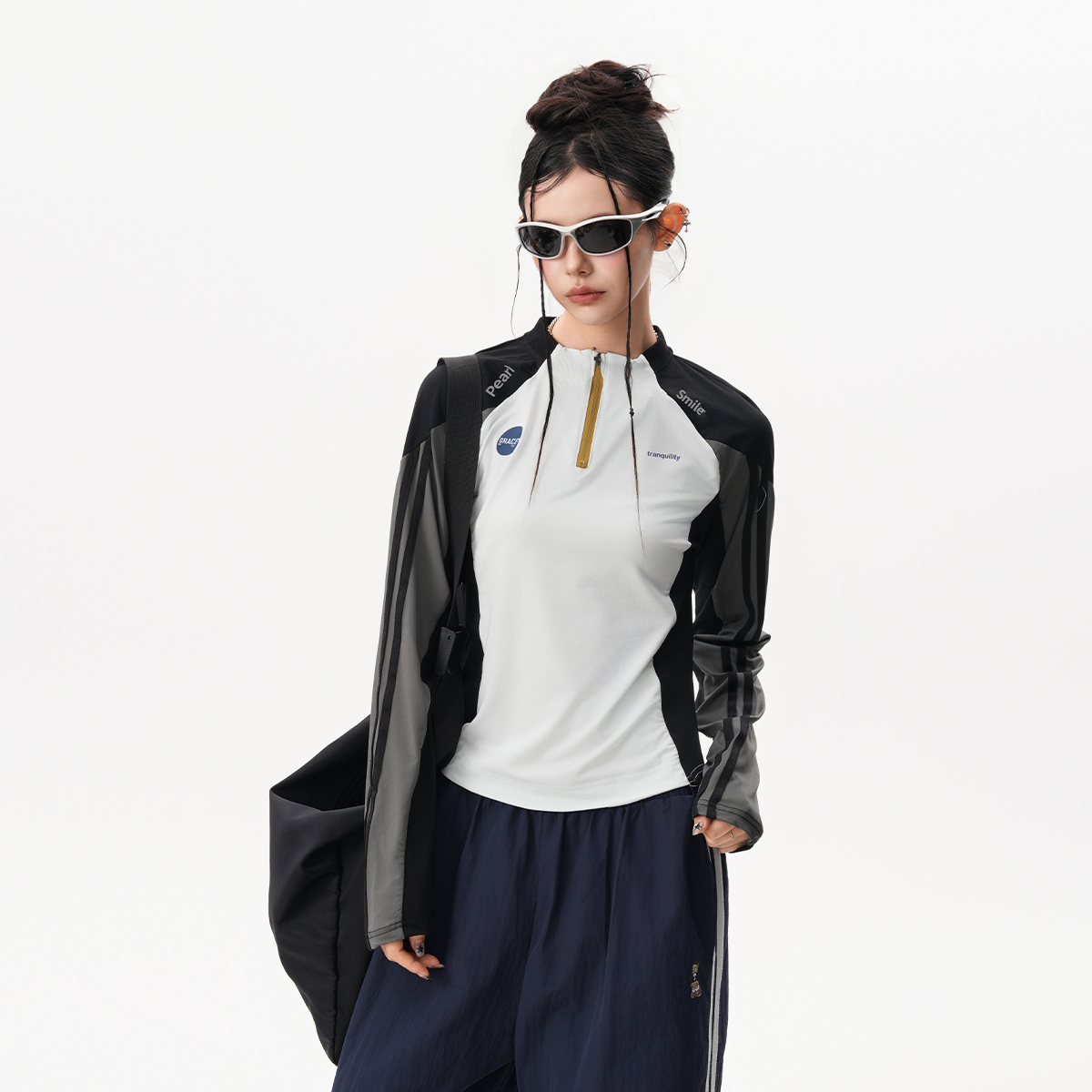 速幹輕薄騎行服女秋季撞色半拉鍊長袖T恤戶外健身訓練運動上衣