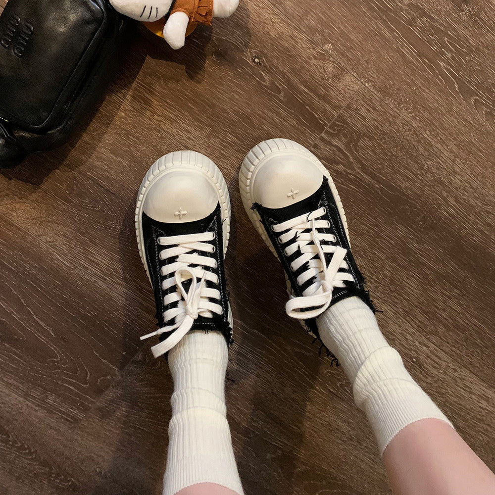 時髦圓頭厚底系帶休閒風毛邊帆布鞋餅乾板鞋女