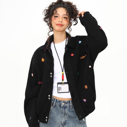 秋冬新款美式復古刺繡小標夾克外套女百搭翻領上衣