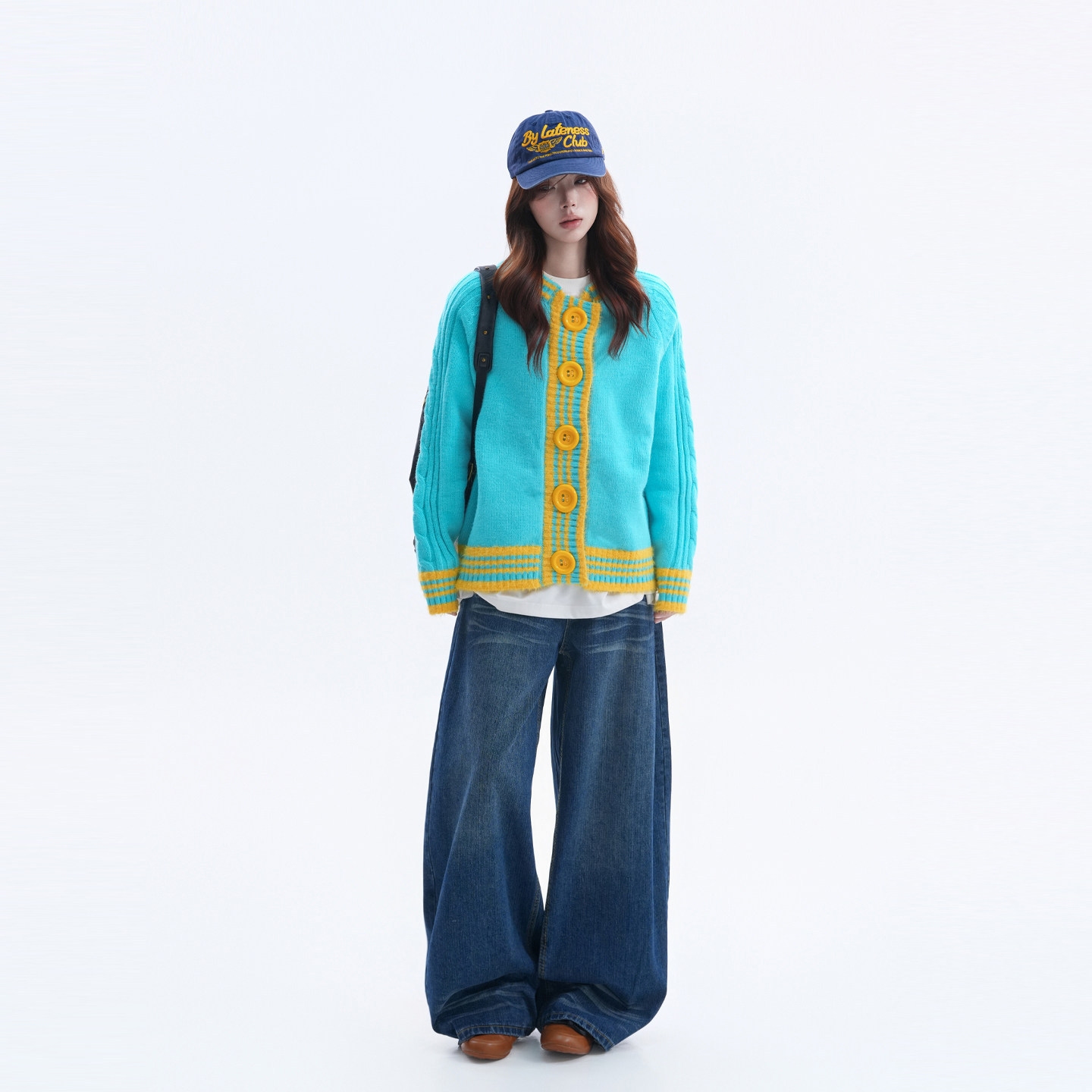 韓系甜美風設計感撞色大紐扣條紋毛衣設計感針織上衣