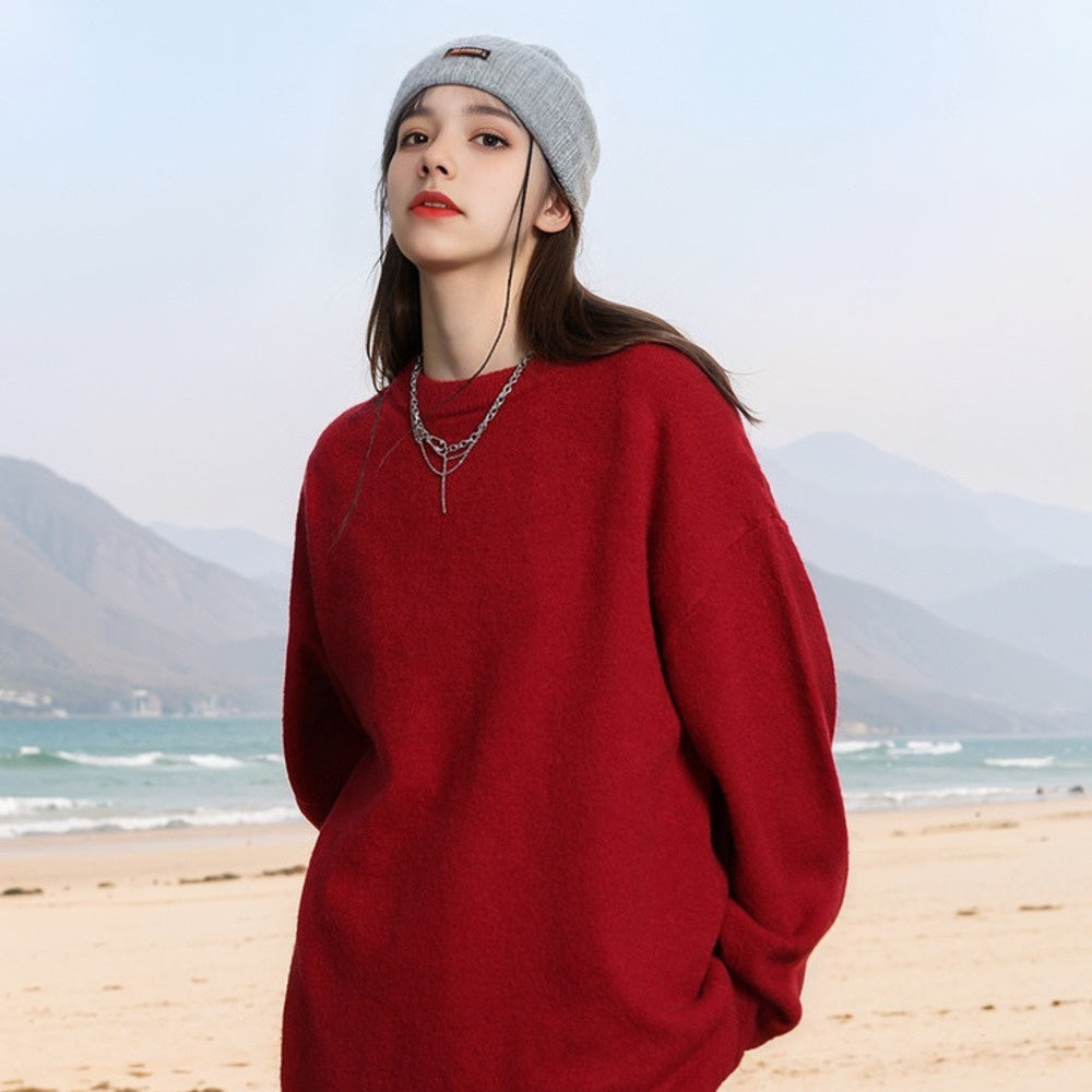 復古純色圓領套頭毛衣女秋冬新款高級感寬鬆慵懶風針織衫上衣