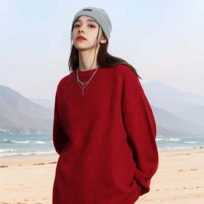復古純色圓領套頭毛衣女秋冬新款高級感寬鬆慵懶風針織衫上衣